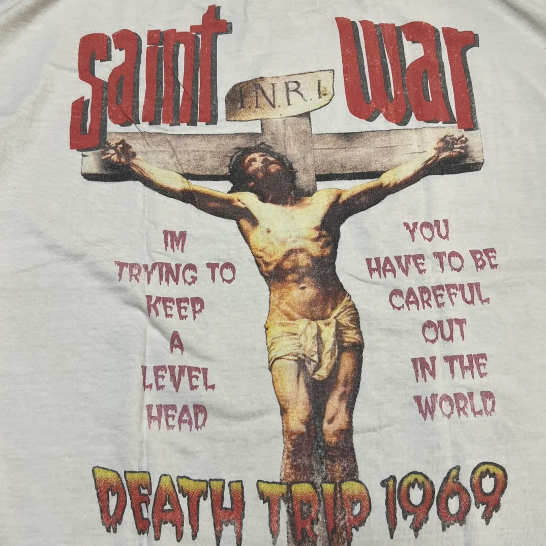 SAINT MICHAEL SAINT WAR TEE/WHAT new style Jesus cross retro short-sleeved, off-white S-XL, ready-to-wear, washed and distressed, printed repeatedly and modified, tube-woven seamless fabric, with little angel anti-counterfeiting label